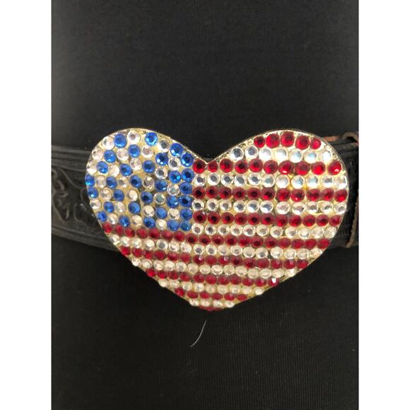 CACHE Black Embossed Leather 3" METAL HEART Rhinestones Flag Buckle Belt NWT New - Picture 10 of 10